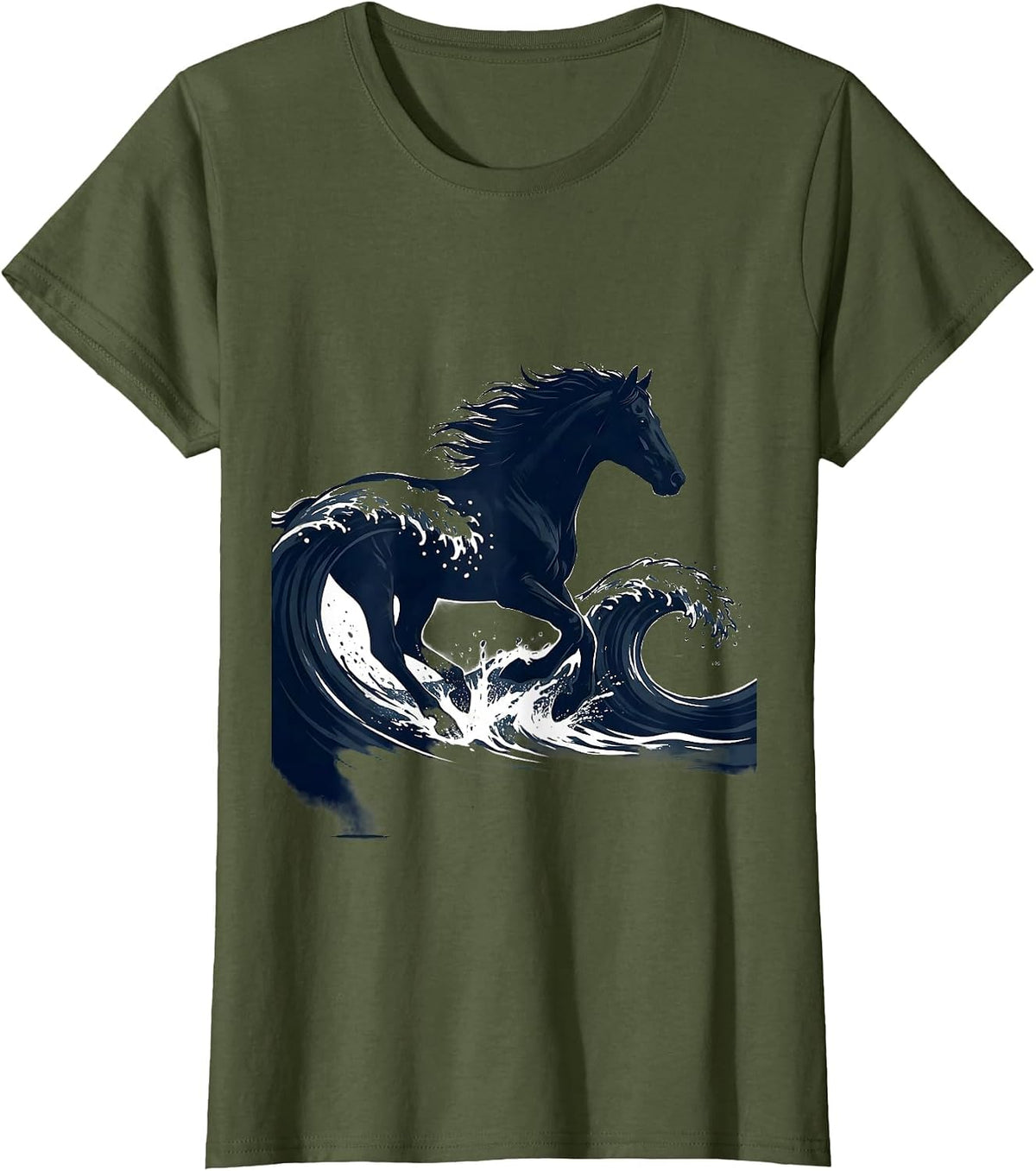 Women's White Freedom Horse Galloping Ocean Waves Design T-Shirt - Olive Green