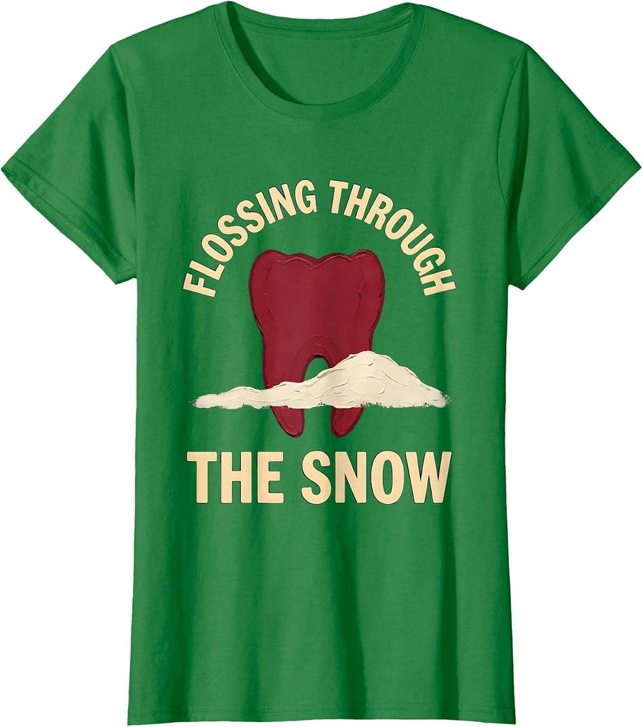 Women's Flossing Through The Snow Funny Dental Hygienist Christmas T-Shirt - Kelly Green