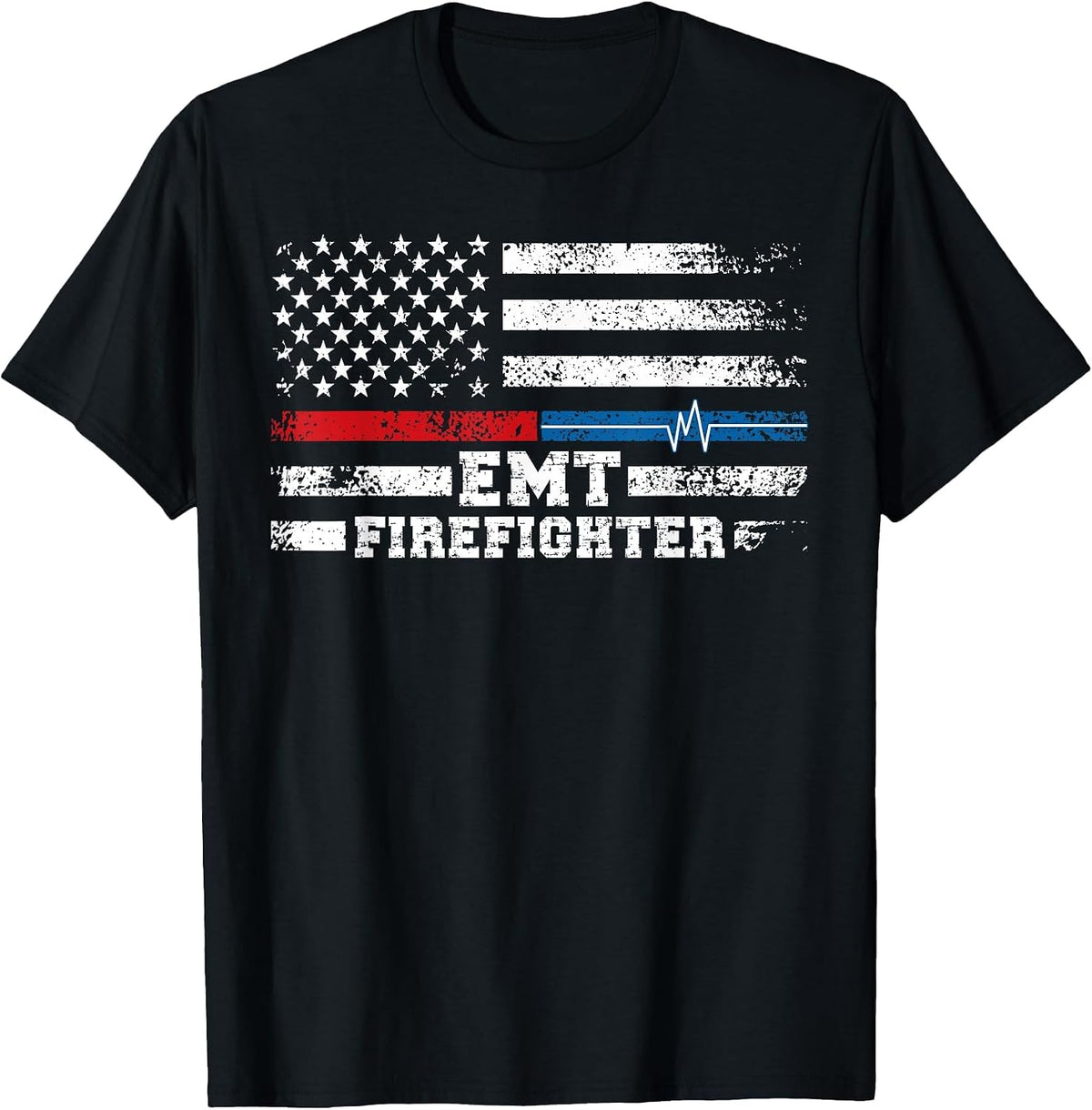 EMT Firefighter American Flag Proud Firefighter EMT T-Shirt - Black