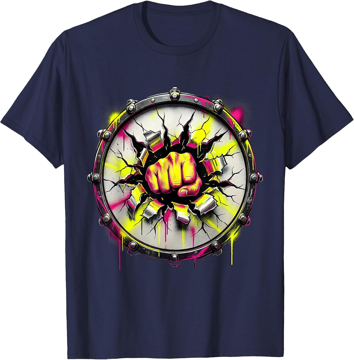Fist Through Bass Drum Concert Graphic T-Shirt - Navy Blue