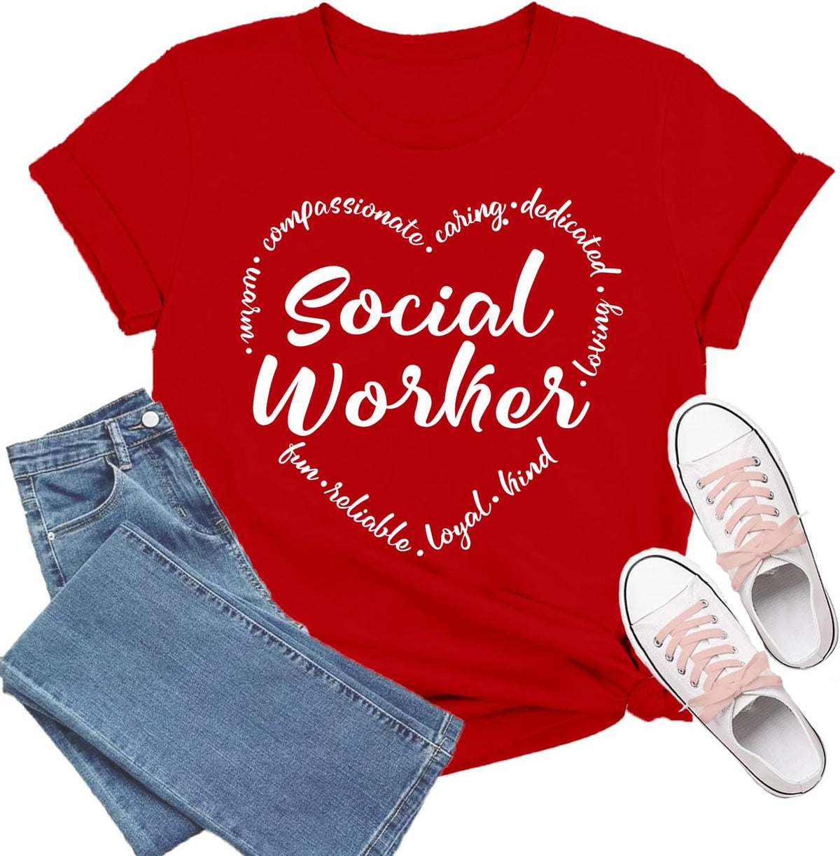 Social Worker Shirt Social Work Life T-Shirt Letters Heart Printing Tee Tops - Red