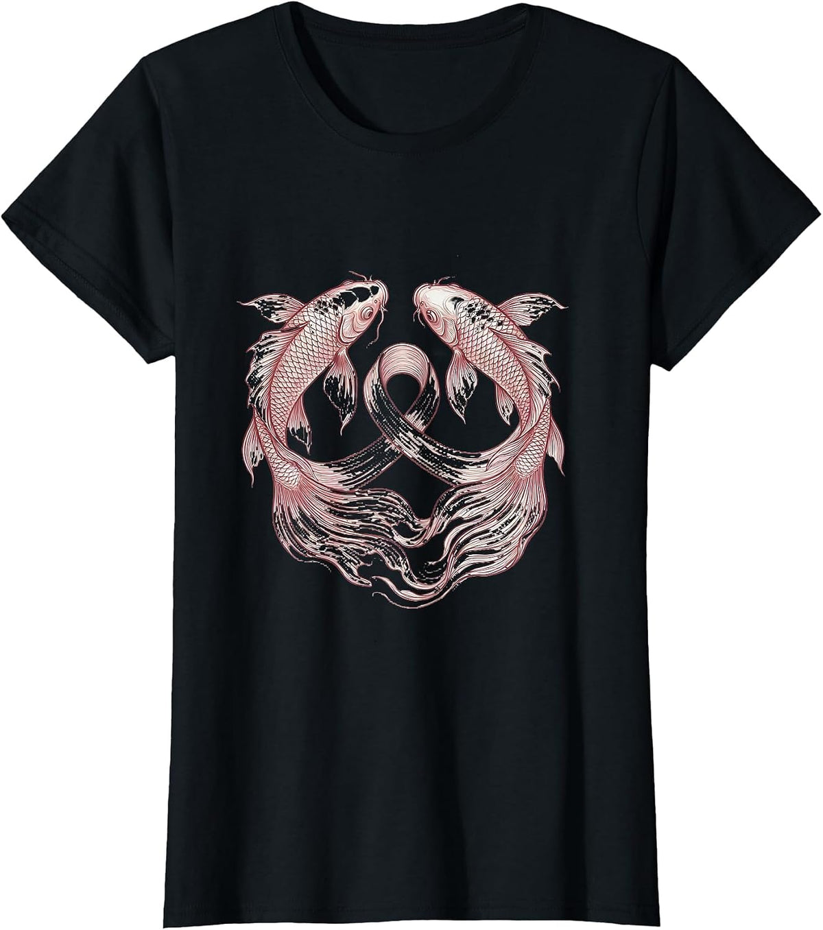 Koi Fish Pink Ribbon Breast Cancer Awareness T-Shirt - Black