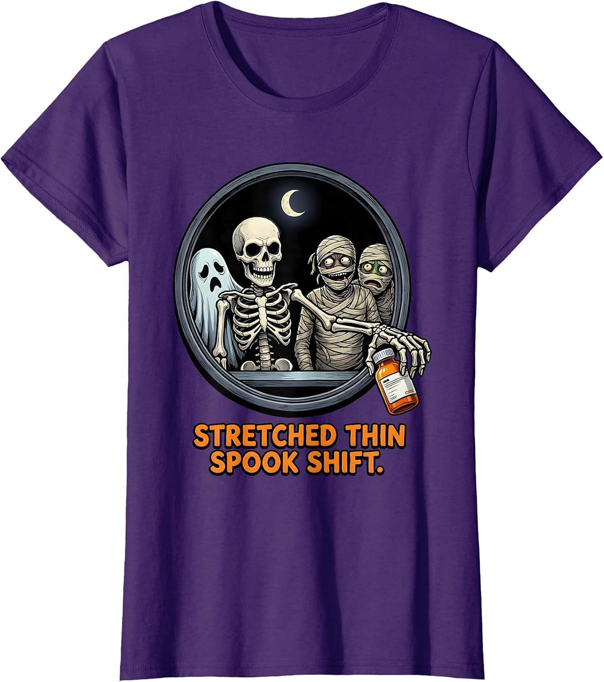 Women's Stretched Thin Spook Shift Funny Pharmacy Tech Halloween T-Shirt - Purple
