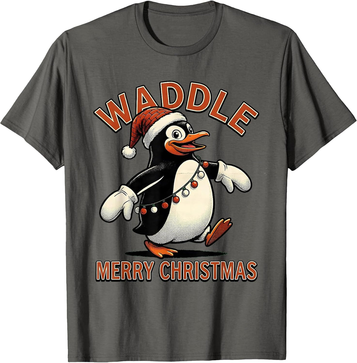 Waddle Merry Christmas Retro Cartoon Penguin Santa Hat T-Shirt - Asphalt Grey