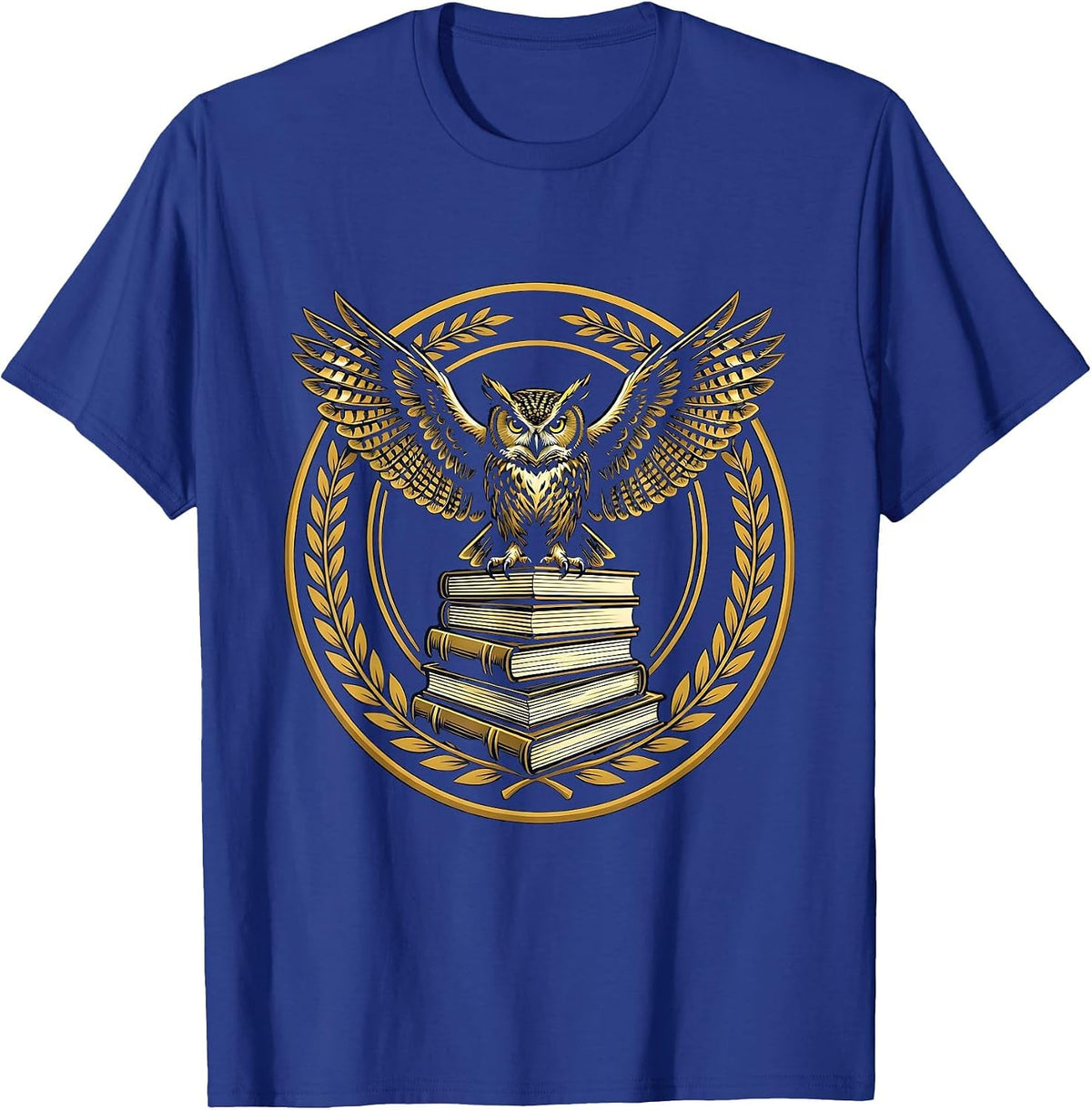 Men's Wise Owl Perched on Stacked Textbooks Design T-Shirt - Royal Blue