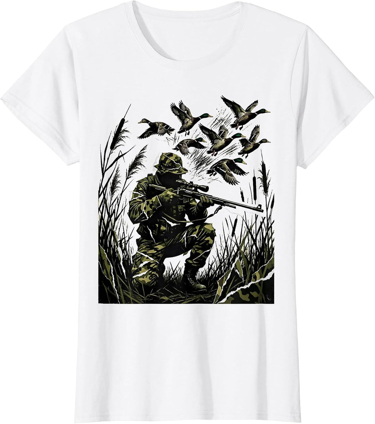Camo Duck Hunter in the Reeds Illustration T-Shirt - White