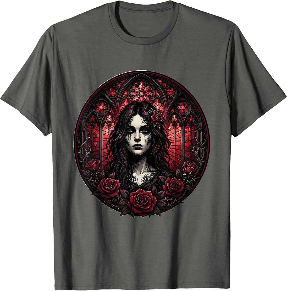 Goth Woman Stained Glass Window Illustration T-Shirt - Asphalt Grey