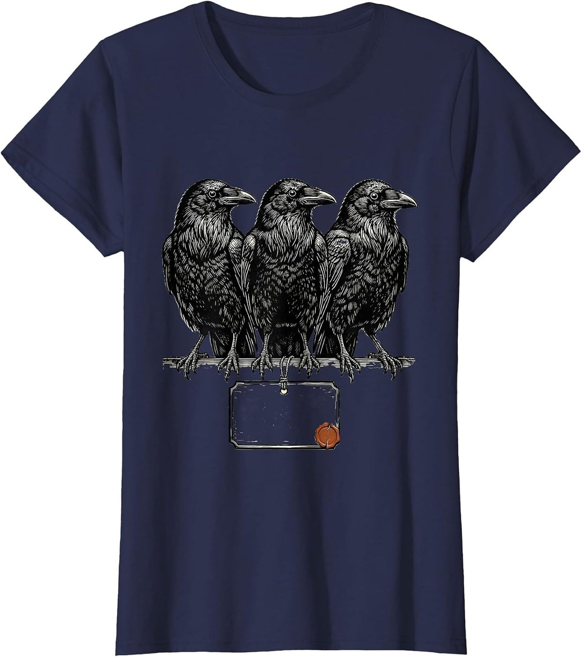 Women's Three Crows Woodcut Dark Humor Gothic Raven Lover T-Shirt - Navy Blue
