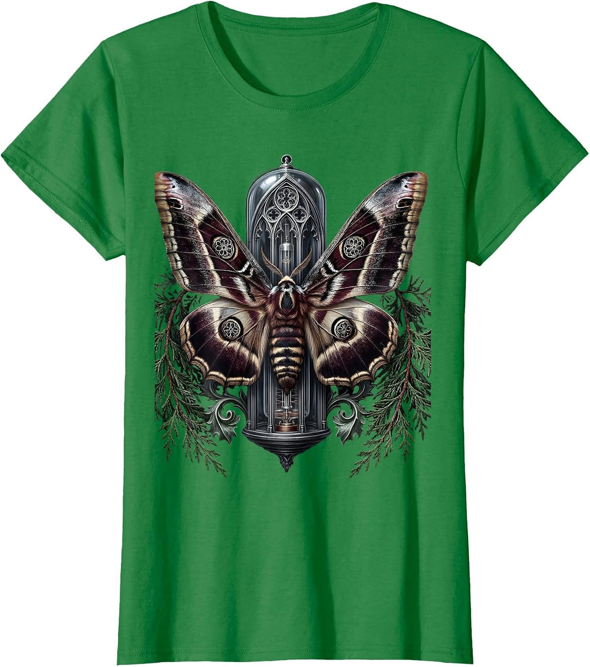 Moth and Vacuum Tube Punk Band Graphic T-Shirt - Kelly Green