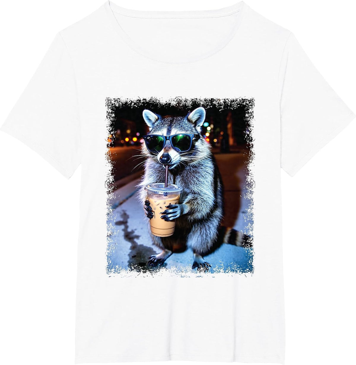 Funny Raccoon Drinking Iced Coffee Trash Panda Meme T-Shirt - White