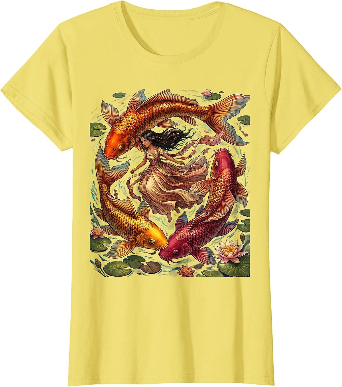 Mexican Girl Swimming With Colorful Koi Fish Art T-Shirt - Lemon Yellow