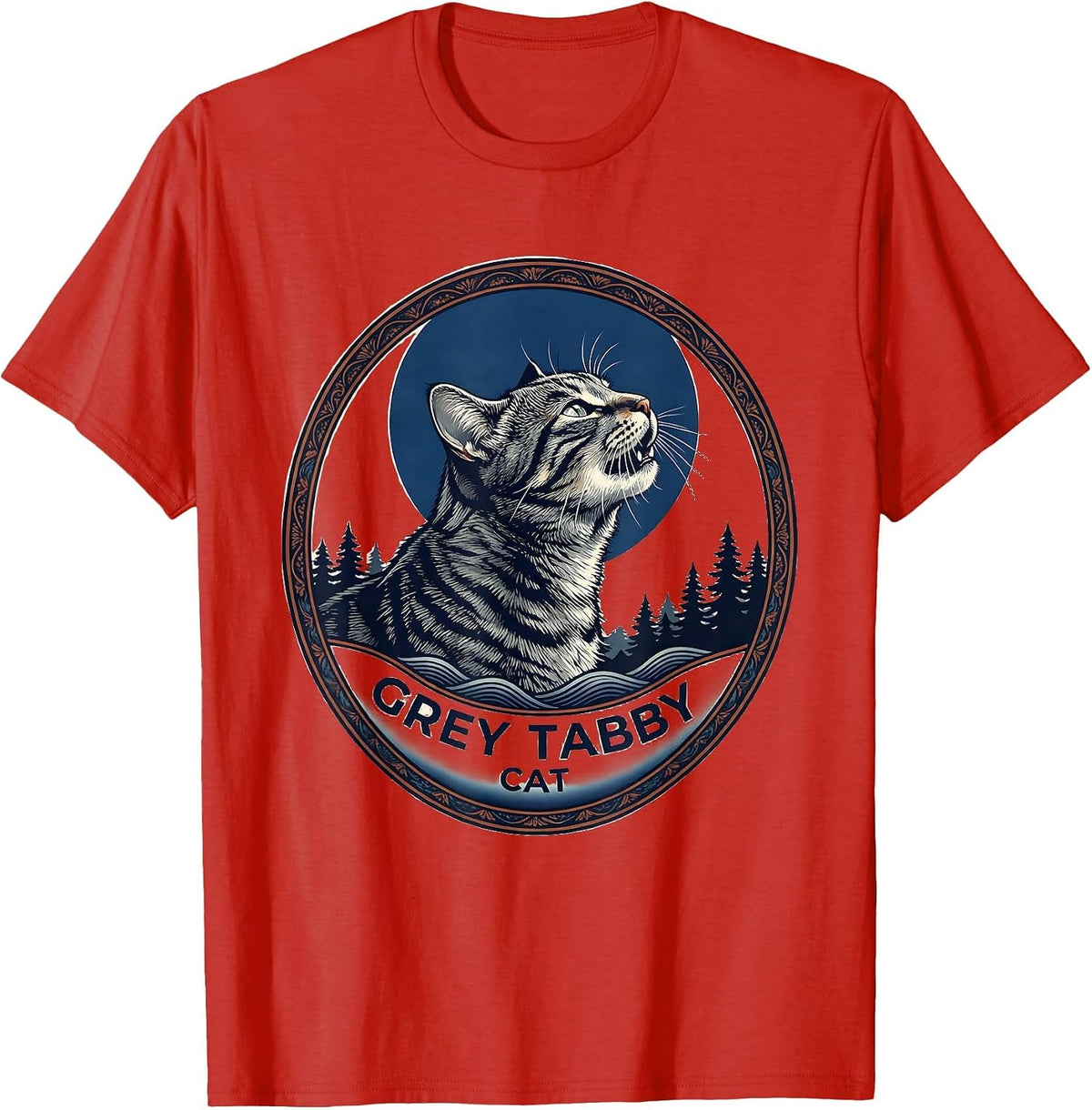 Men's Grey Tabby Cat Howling at Moon Ukiyo-e Retro Cat Owner T-Shirt - Red