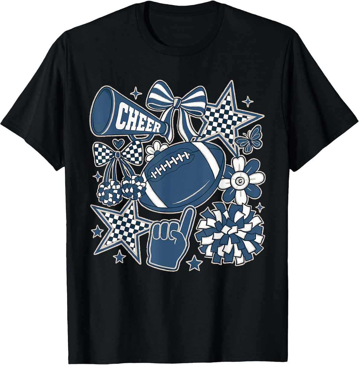 Coquette Bow Football Blue Game Cheer Mom Touchdown T-Shirt - Black
