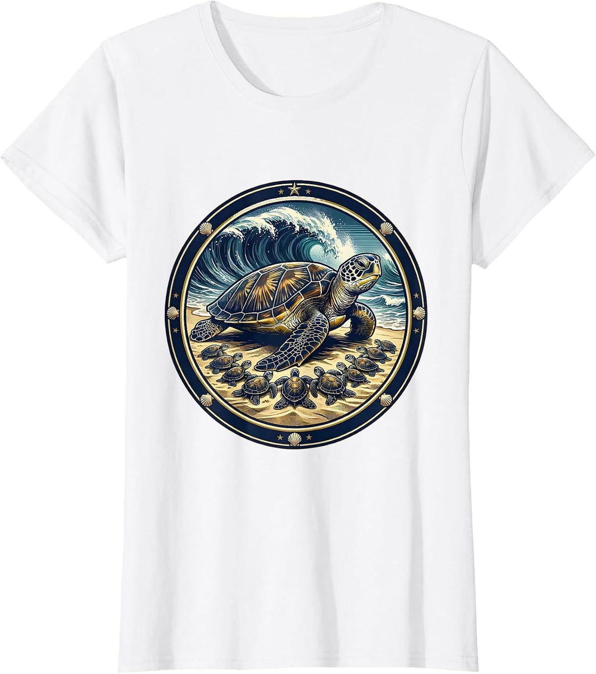 Women's Mama Turtle With Hatchlings on Beach Graphic T-Shirt - White