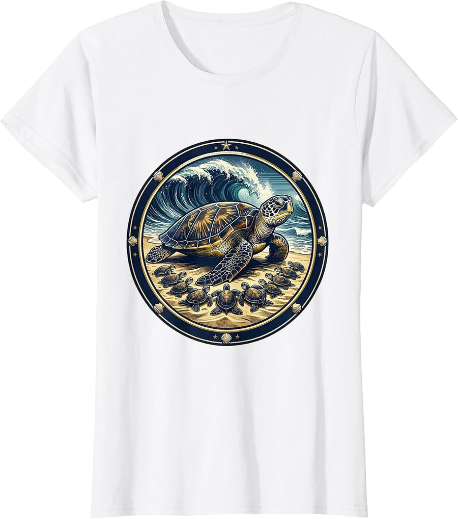 Women's Mama Turtle With Hatchlings on Beach Graphic T-Shirt - White