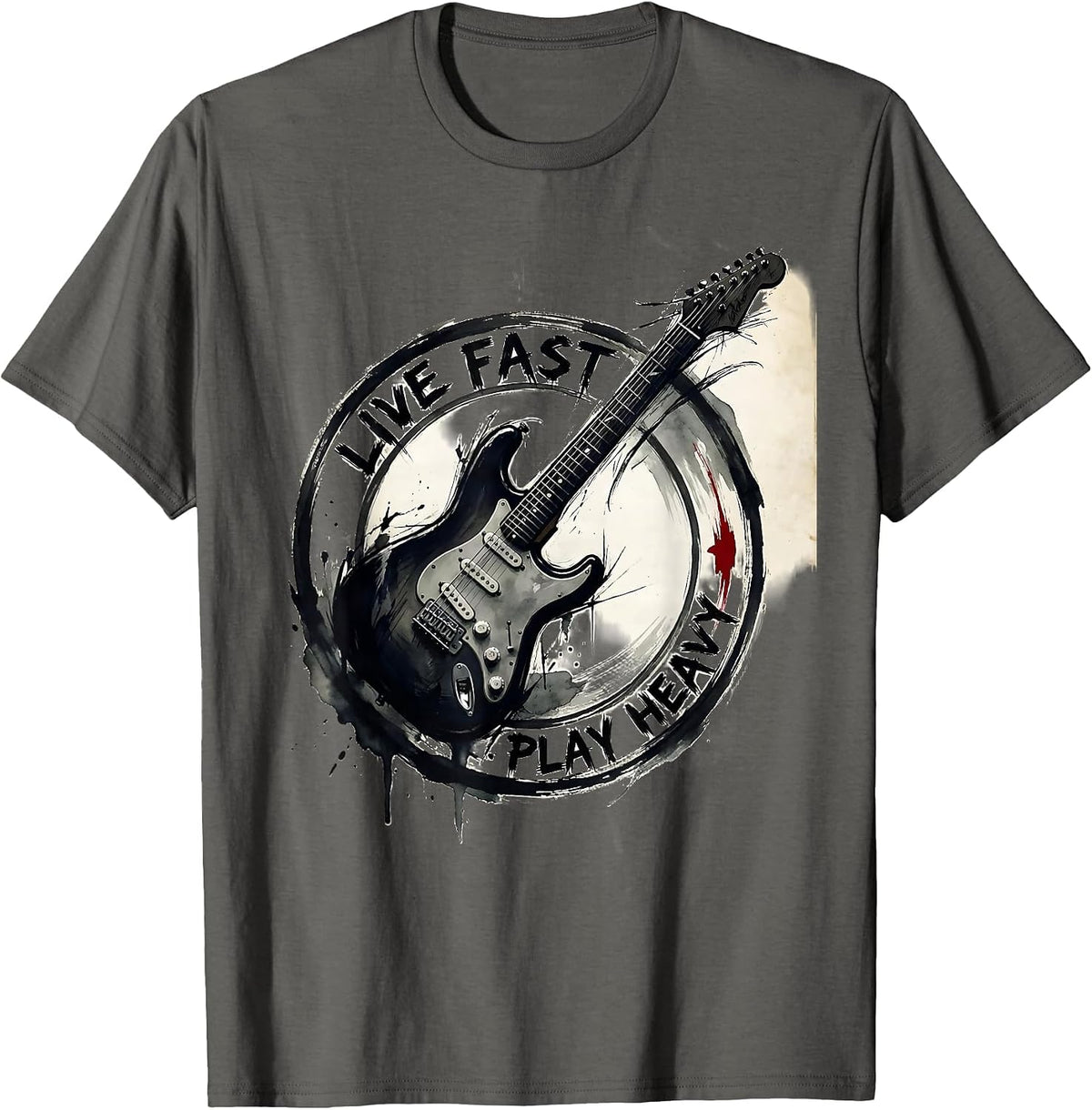 Men's Live Fast Play Heavy Metal Band Graphic Design T-Shirt - Asphalt Grey
