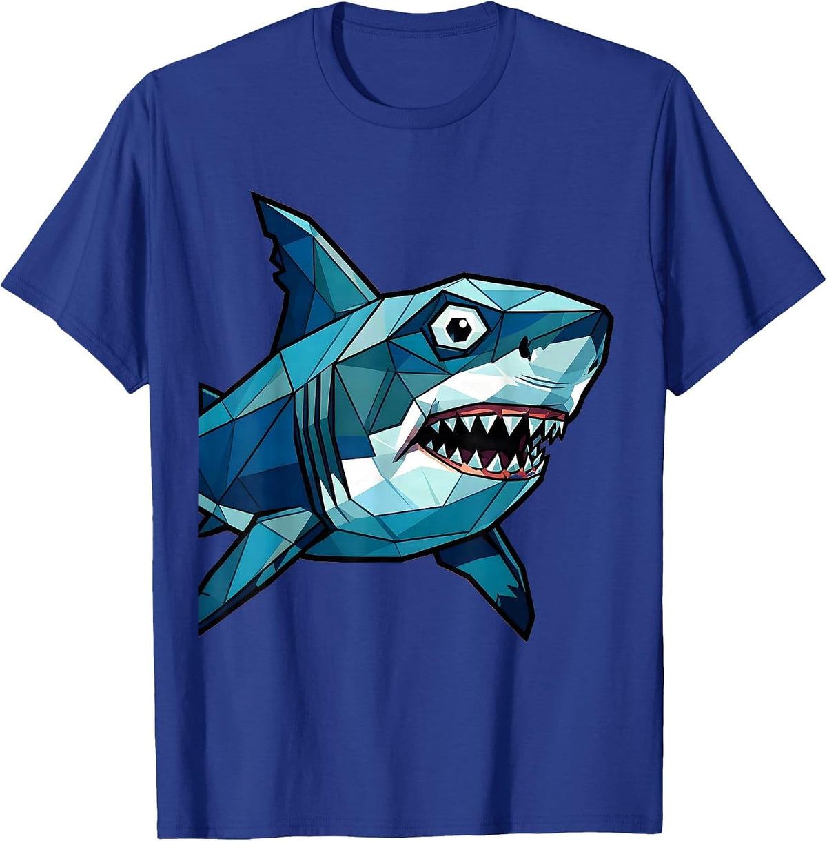 Men's Geometric Low-Poly Shark Art Design T-Shirt - Royal Blue