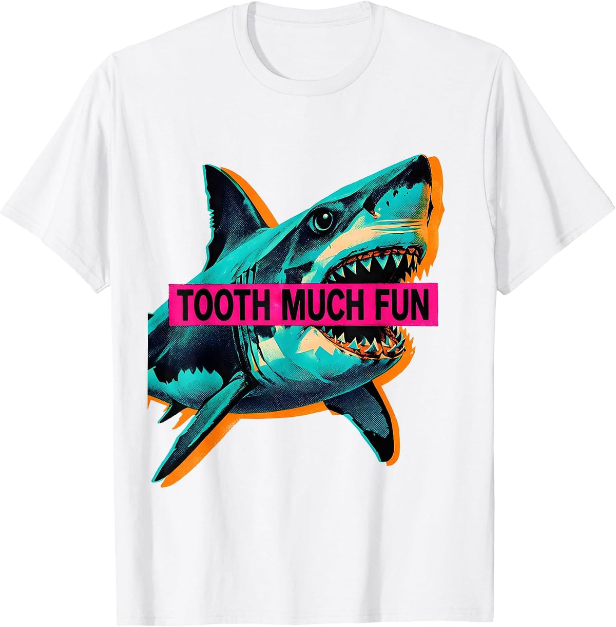 Men's Tooth Much Fun Risograph Shark Lover Ocean Humor Gift T-Shirt - White