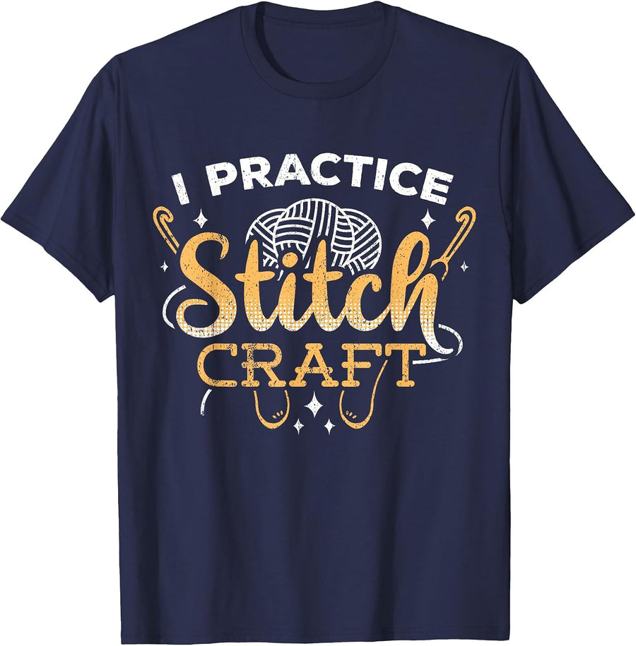 I Practice Stitch Craft - Crochet Sarcasm Granny T-Shirt - Navy Blue