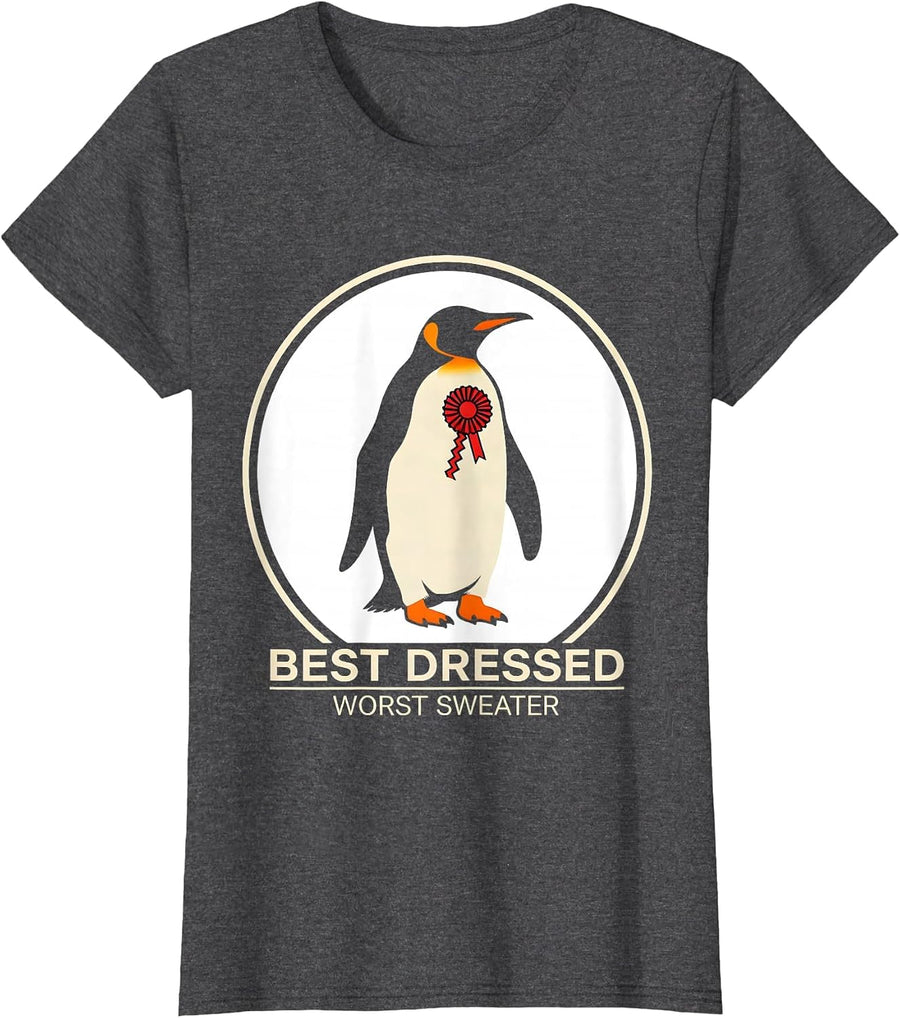 Women's Best Dressed Worst Sweater Funny Penguin Ugly Christmas T-Shirt - Dark Heather Grey
