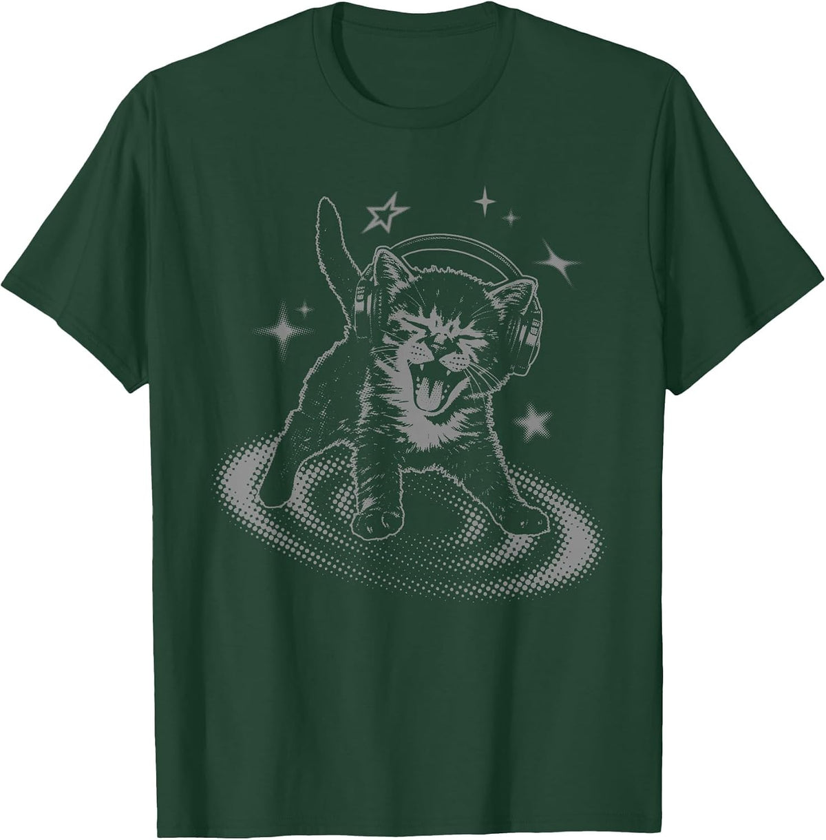 Y2K Cat Headphones Stars Silly 90s Grunge Vintage Graphic T-Shirt - Dark Green