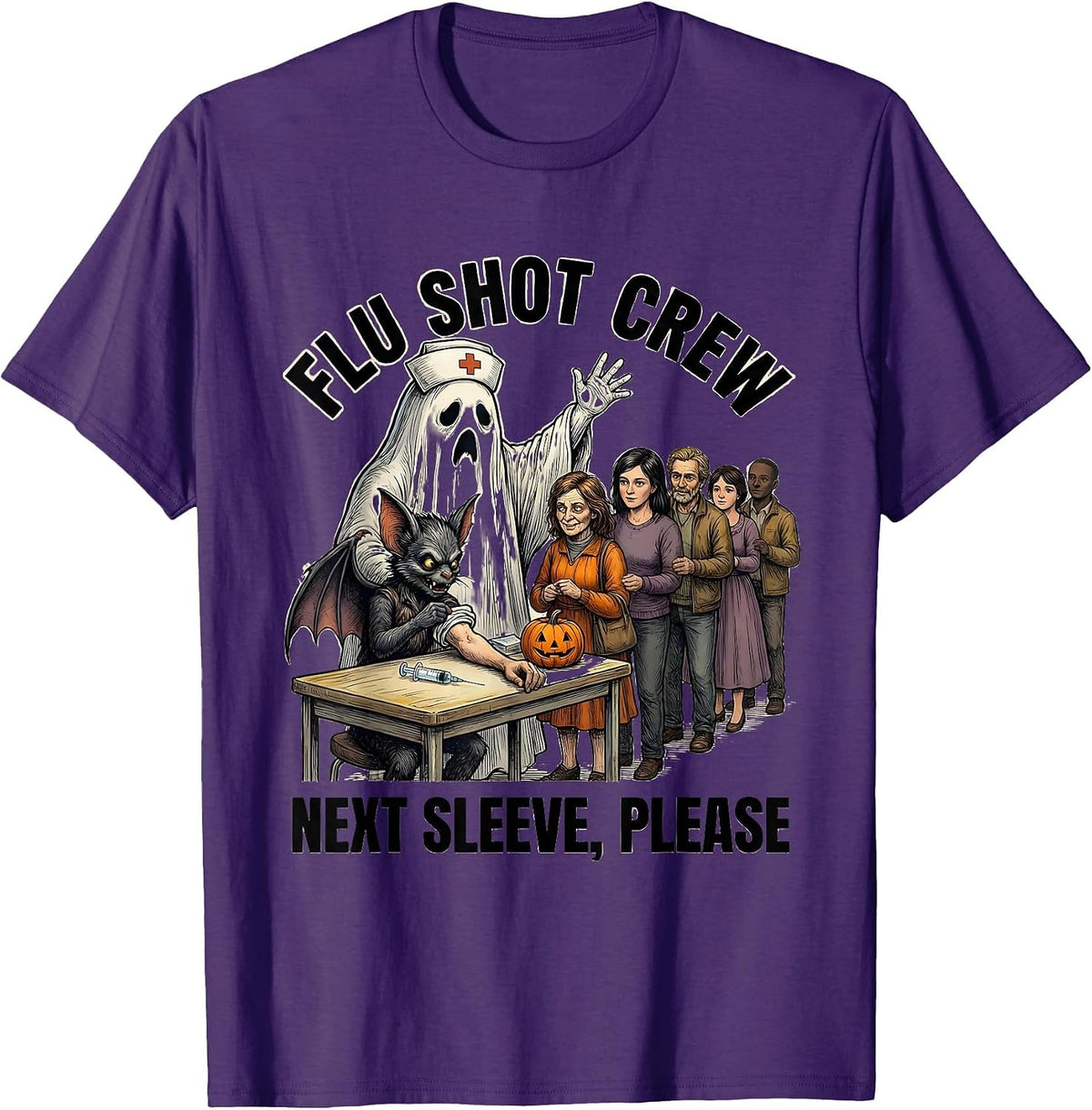 Flu Shot Crew Next Sleeve Please Funny Nurse Ghost Halloween T-Shirt - Purple