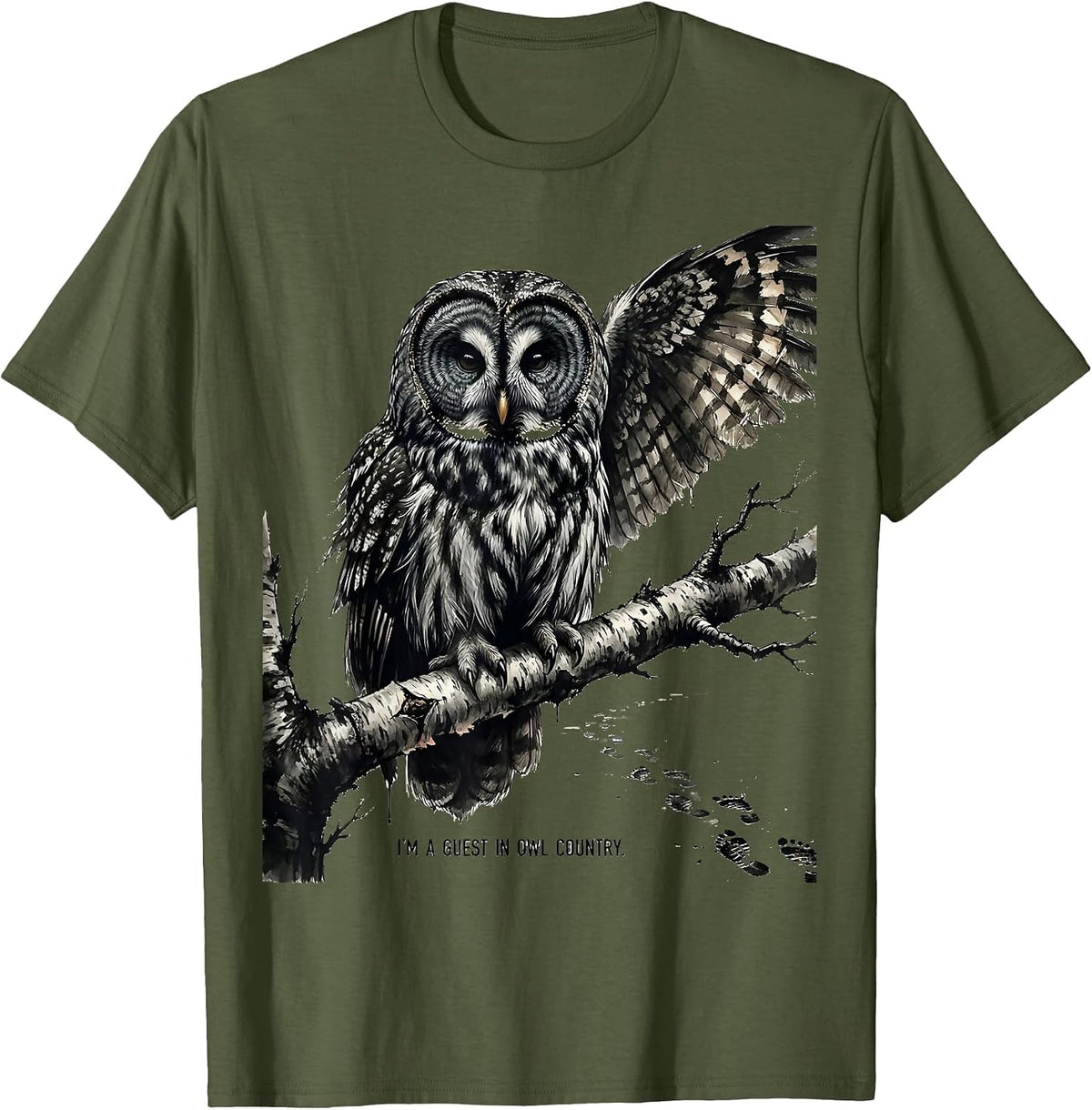 I'm A Guest In Owl Country Ink Brush Nature Lover Wildlife T-Shirt - Olive Green