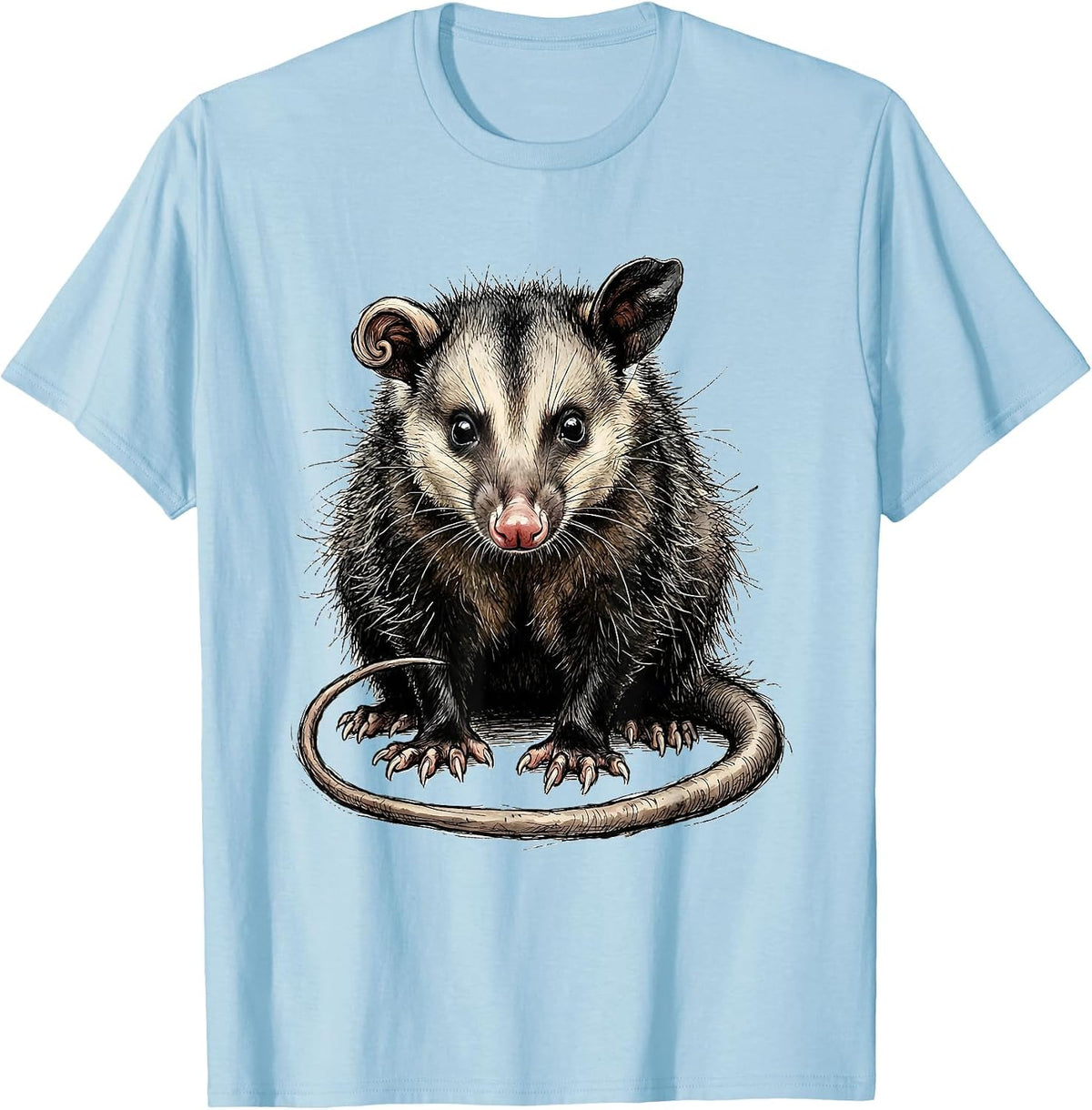 Men's Seated Opossum Hand-Sketched Funny Animal Meme T-Shirt - Baby Blue