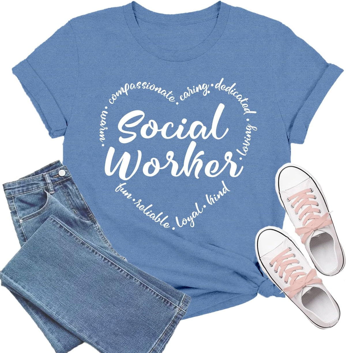 Social Worker Shirt Social Work Life T-Shirt Letters Heart Printing Tee Tops - Blue1