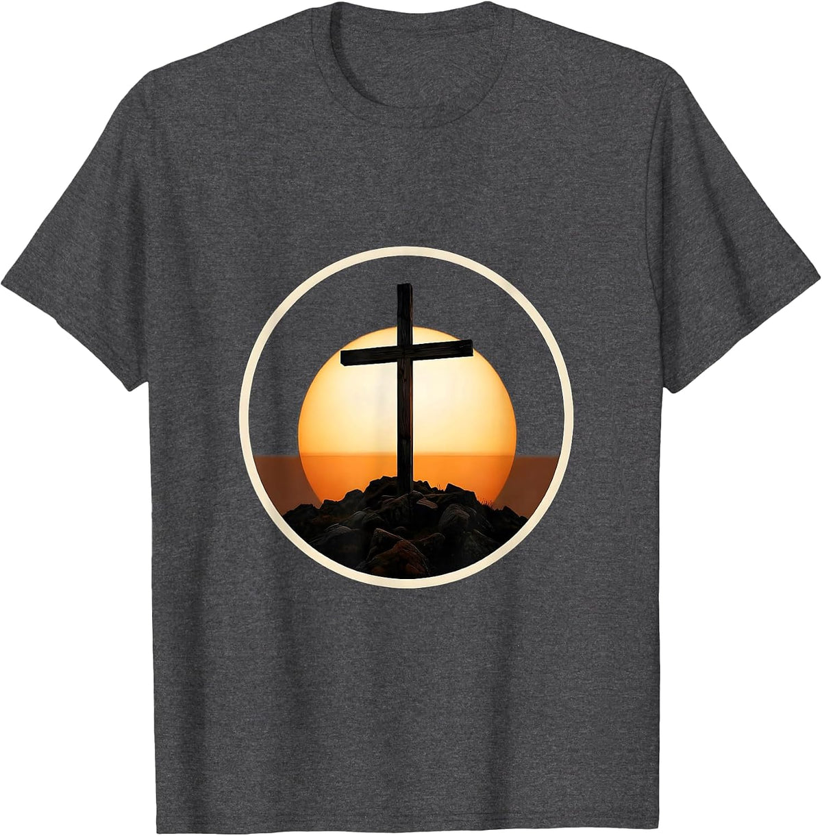 Wooden Cross Rocky Hilltop Sunrise Jesus Design T-Shirt - Dark Heather Grey