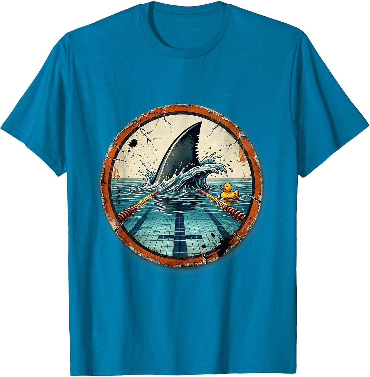 Shark Fin Swimming Pool Funny Graphic Tee T-Shirt - Sapphire Blue