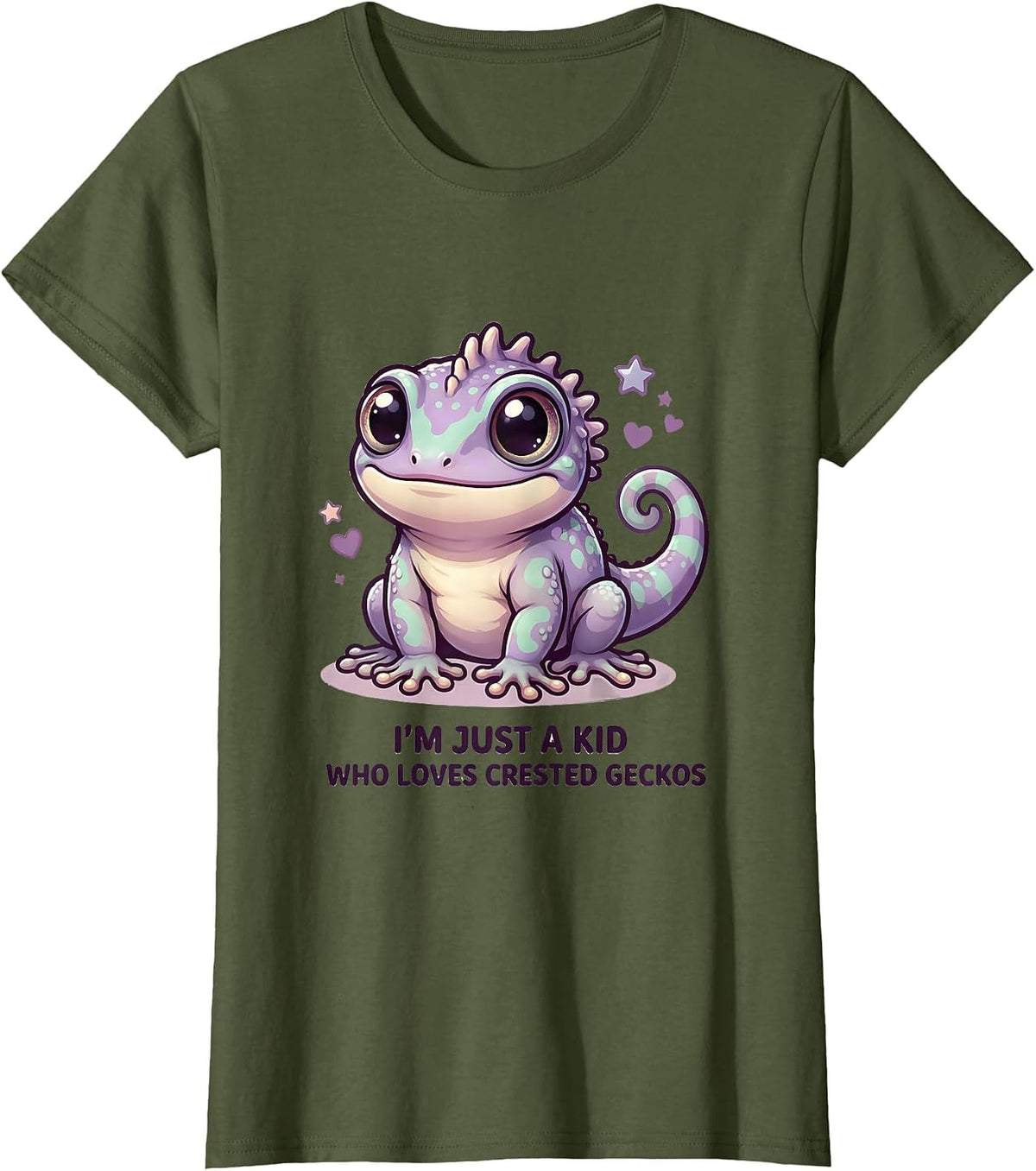 Women's I'm Just A Kid Who Loves Crested Geckos Cute Kawaii T-Shirt - Olive Green