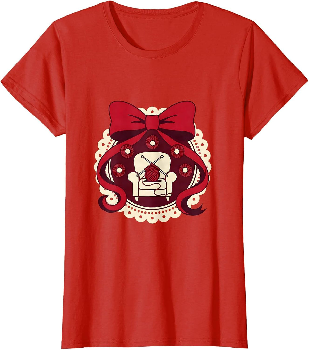 Grandma Knitting Yarn Balls Cozy Illustration T-Shirt - Red