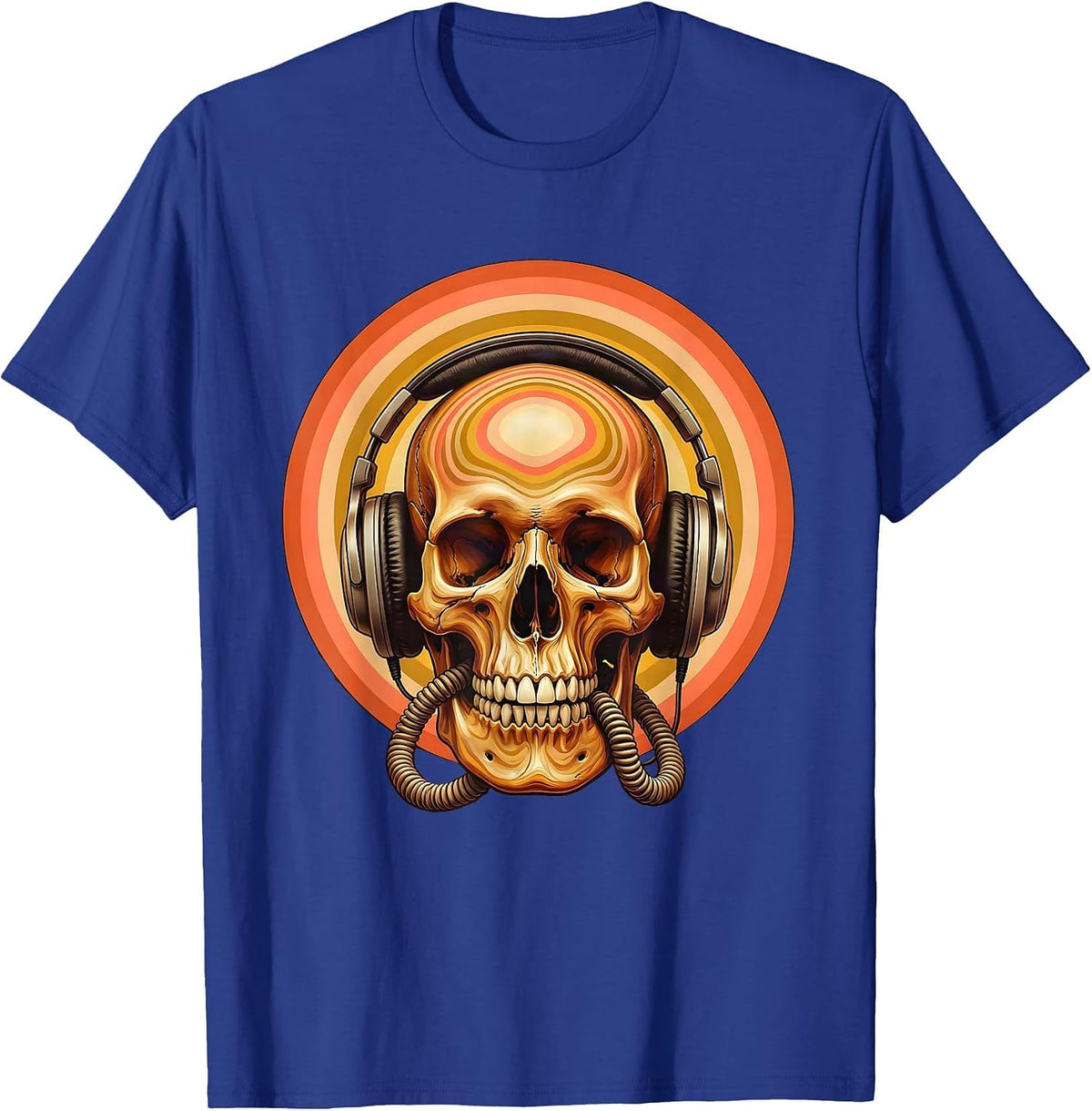 Skull and Headphones Dark Music Graphic T-Shirt - Royal Blue