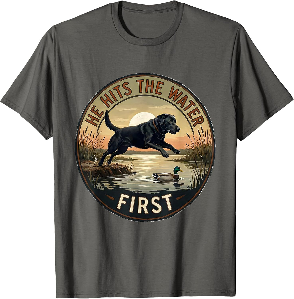 He Hits The Water First Vintage Rural Duck Hunting Local Boy T-Shirt - Asphalt Grey