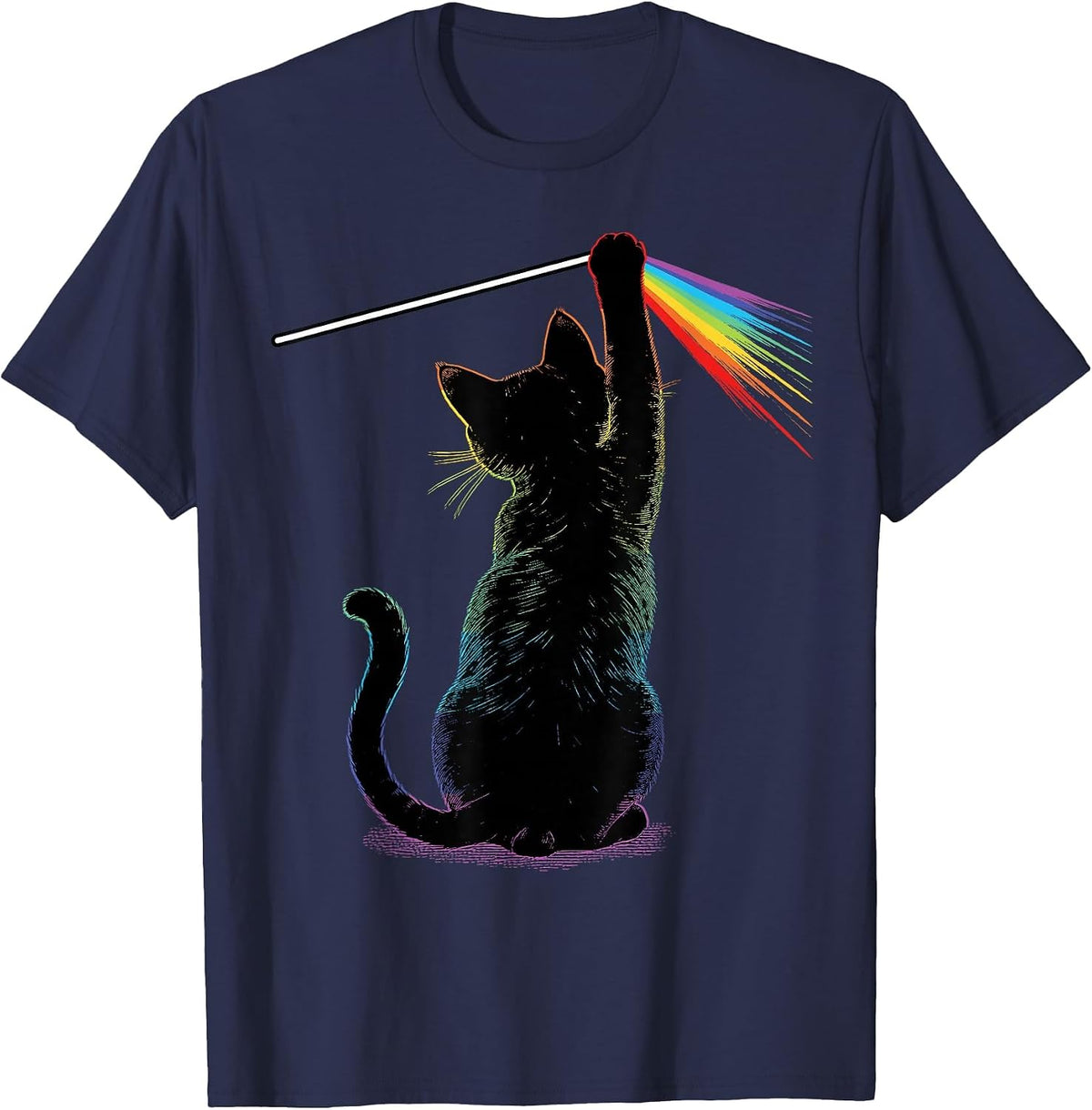 Black Cat Rainbow Light Prism Science Lover Physics LGBT T-Shirt - Navy Blue