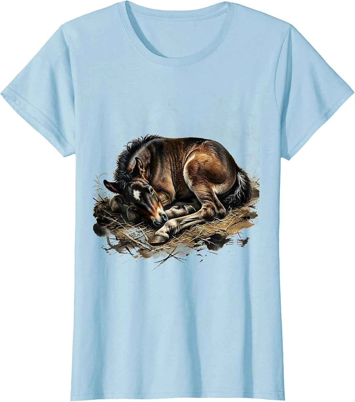 Sleeping Foal Curled Up in Hay Illustration T-Shirt - Baby Blue