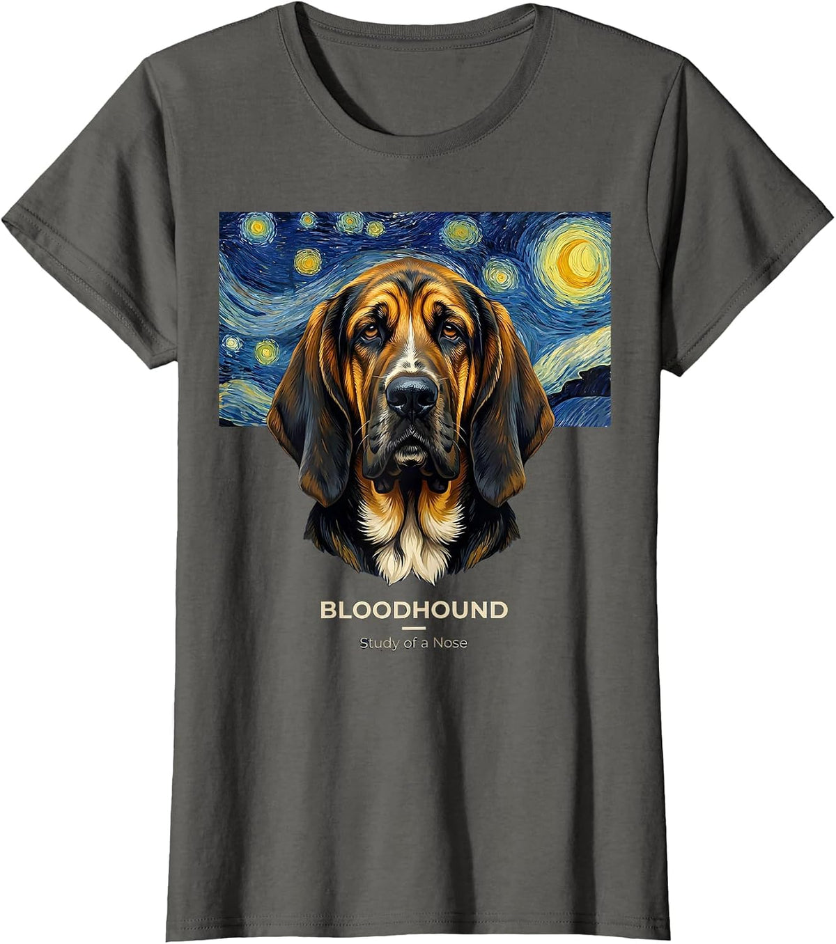 Women's Bloodhound Study of a Nose Whimsical Art Homage Pet Portrait T-Shirt - Asphalt Grey