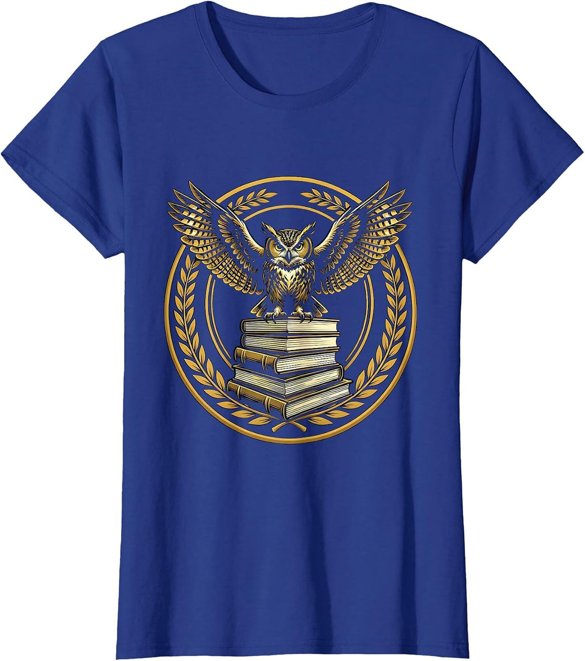 Women's Wise Owl Perched on Stacked Textbooks Design T-Shirt - Royal Blue