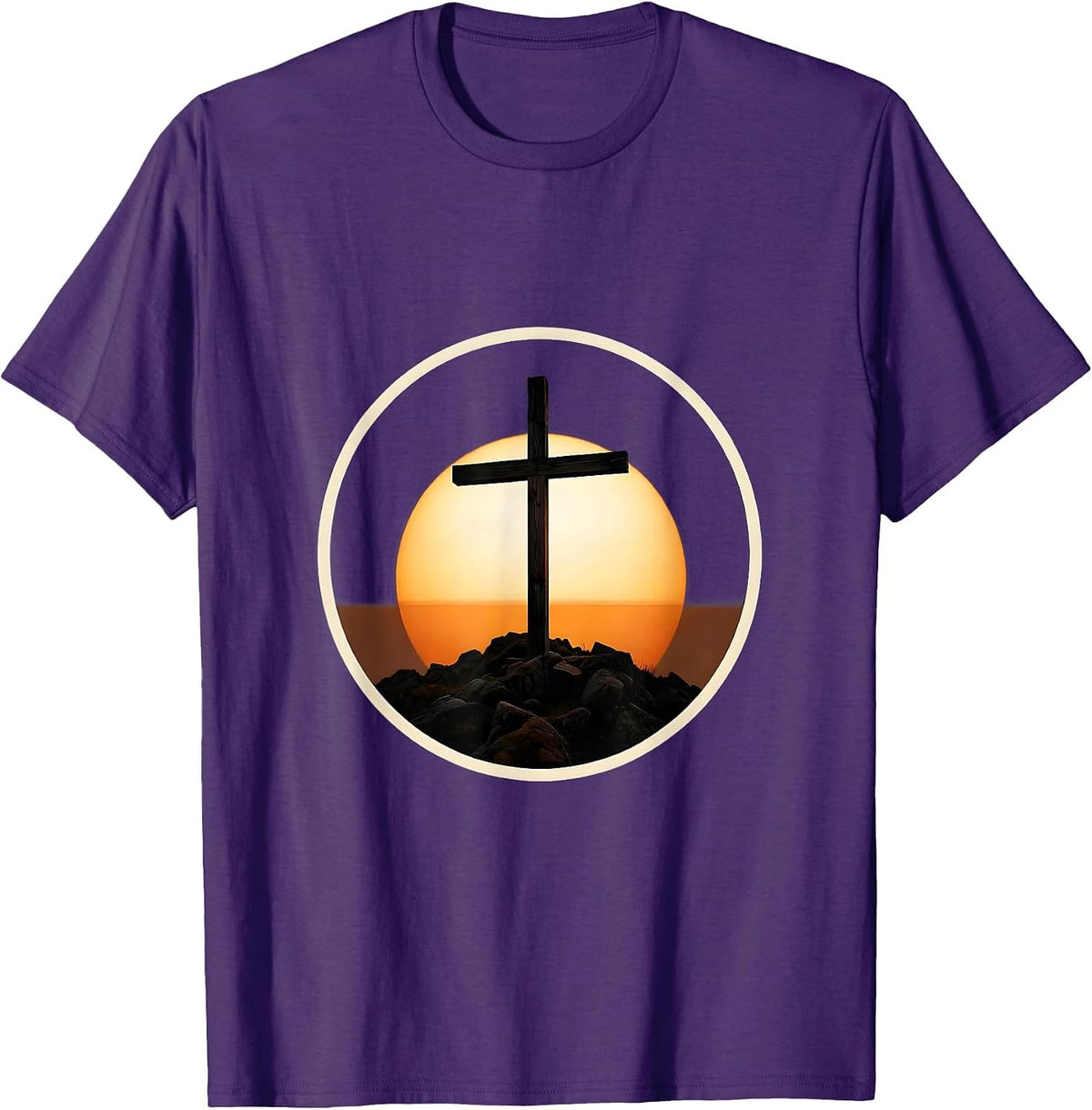 Wooden Cross Rocky Hilltop Sunrise Jesus Design T-Shirt - Purple