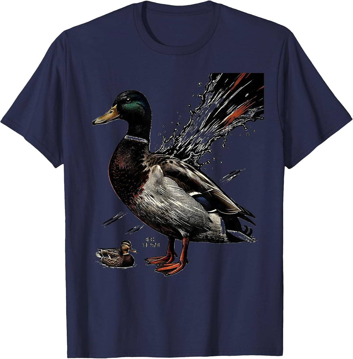 Duck The Panic Linocut Funny Duck Hunter Gift T-Shirt - Navy Blue