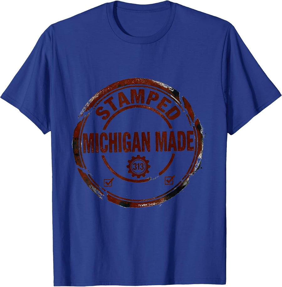 Stamped Michigan Made Vintage Detroit City Pride Rubber T-Shirt - Royal Blue