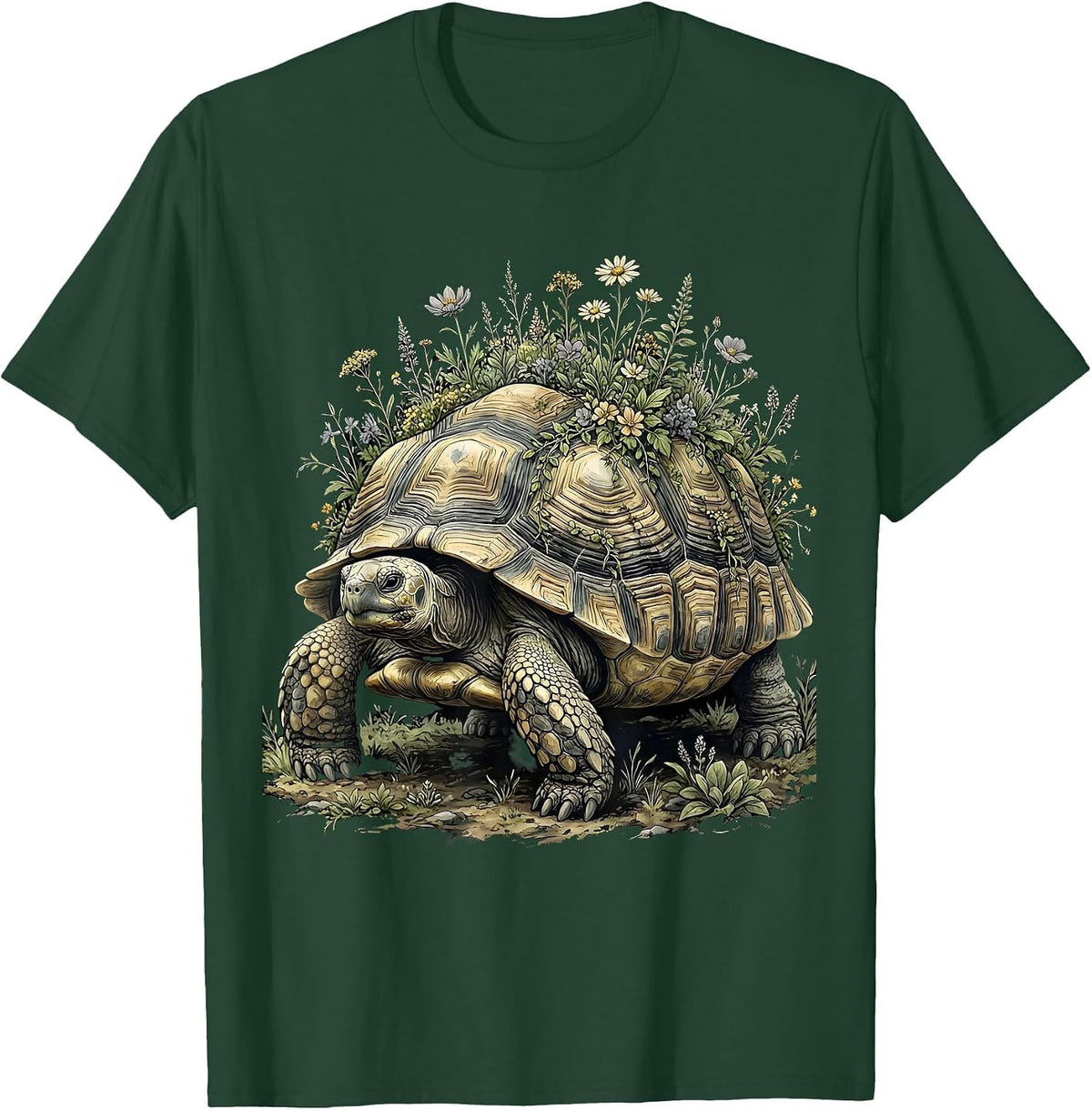 Peaceful Turtle Flowering Garden Shell Nature Art T-Shirt - Dark Green