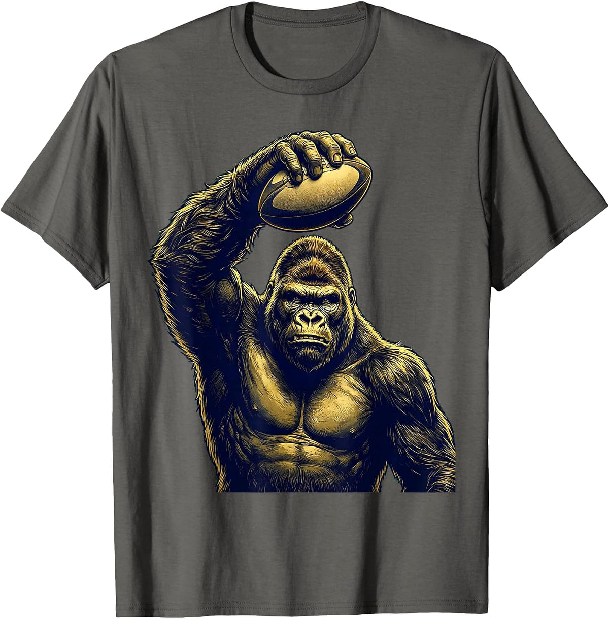 Gorilla Palming Rugby Ball Graphic Design T-Shirt - Asphalt Grey