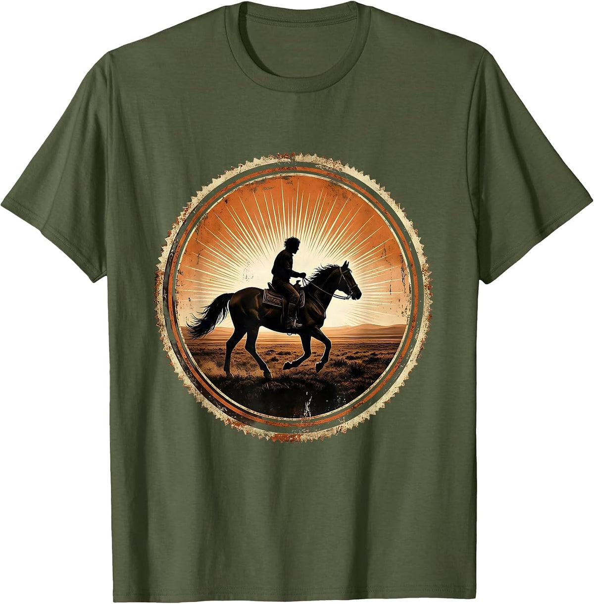 Lone Rider Horseback Freedom Vast Plains Graphic T-Shirt - Olive Green