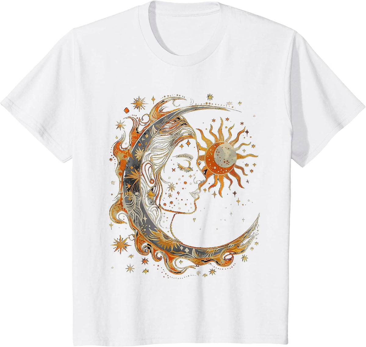 Mystical Sun and Moon with Woman Mystical Flowers Aesthetic T-Shirt - White