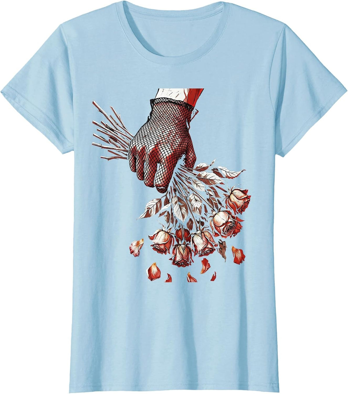 Fishnet Glove Dead Flowers Dark Aesthetic Graphic T-Shirt - Baby Blue