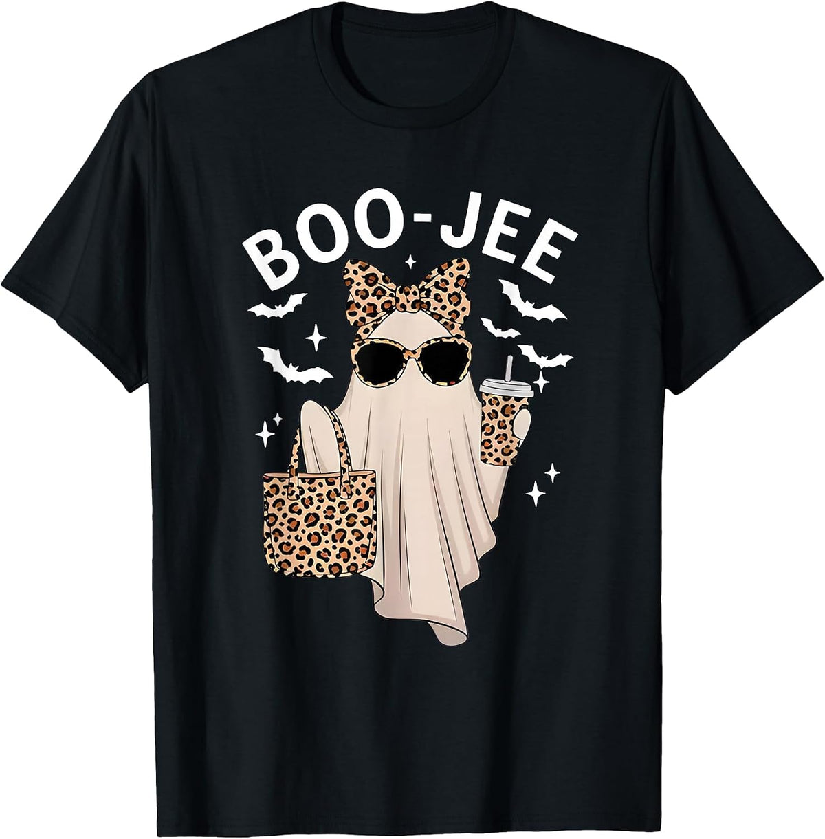 Boo-JEE Ghost Halloween Women Boo JEE Leopard Spooky Season T-Shirt - Black