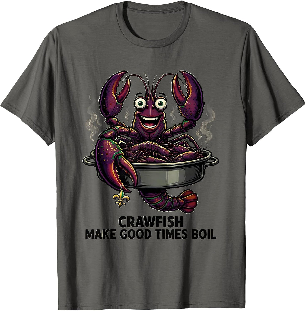 Men's Crawfish Make Good Times Boil Cartoon Mardi Gras Party T-Shirt - Asphalt Grey