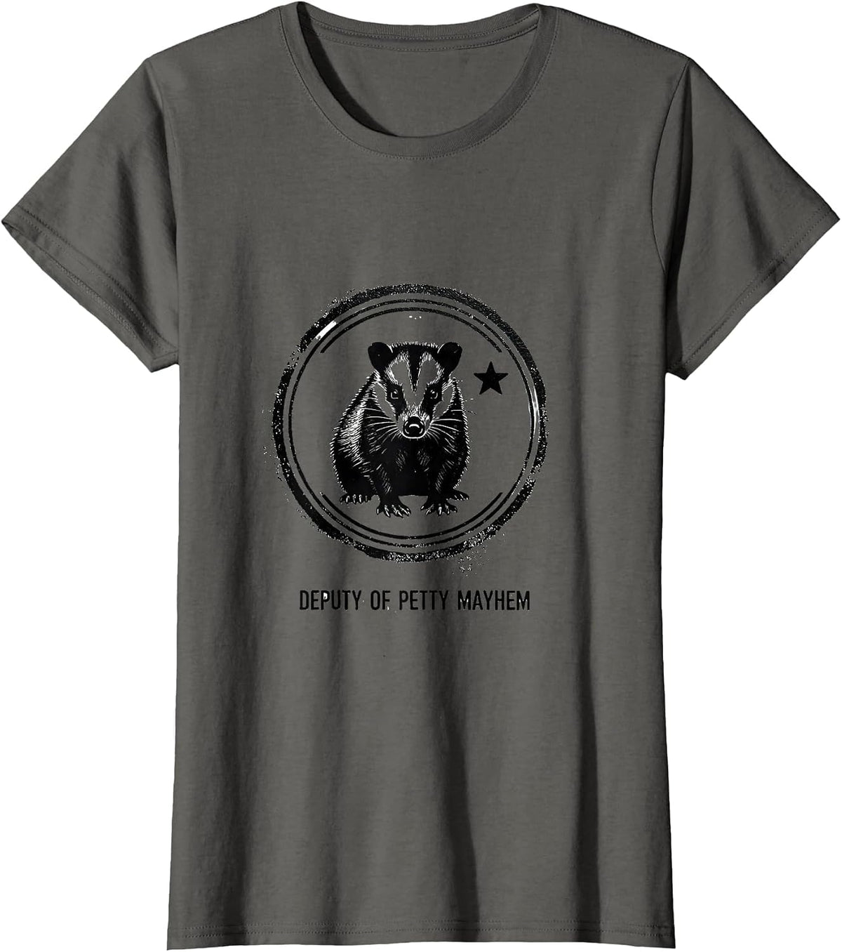 Women's Deputy of Petty Mayhem Rubber Stamp Opossum Quirky Animal T-Shirt - Asphalt Grey